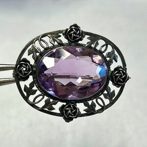 Vintage faceted sterling silver amethyst Czech brooch Art Nouveau Floral Ivy